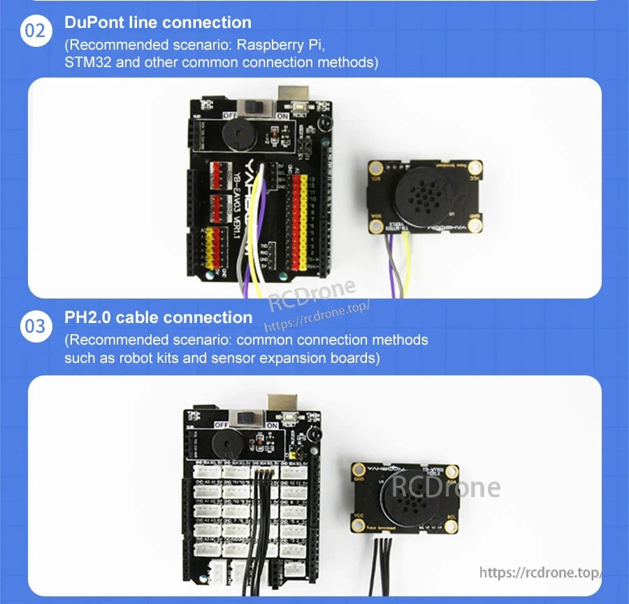 DuPont line and PH2.0 cable connection examples wiring the module to controller and expansion boards