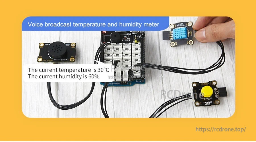 I2C voice broadcast temperature and humidity meter setup with controller board, speaker, DHT sensor and button