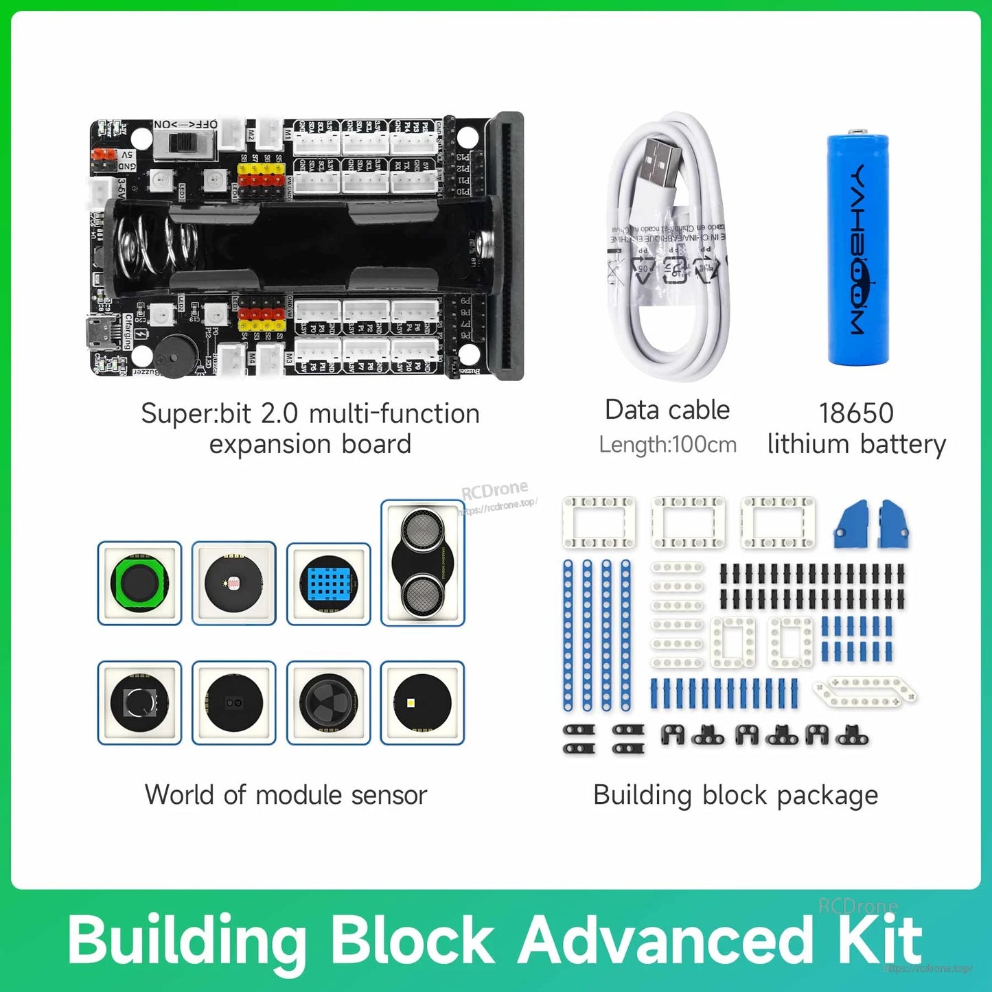 Building Block Advanced Kit contents: Super:bit 2.0 board, USB cable, 18650 battery, module sensors and blocks