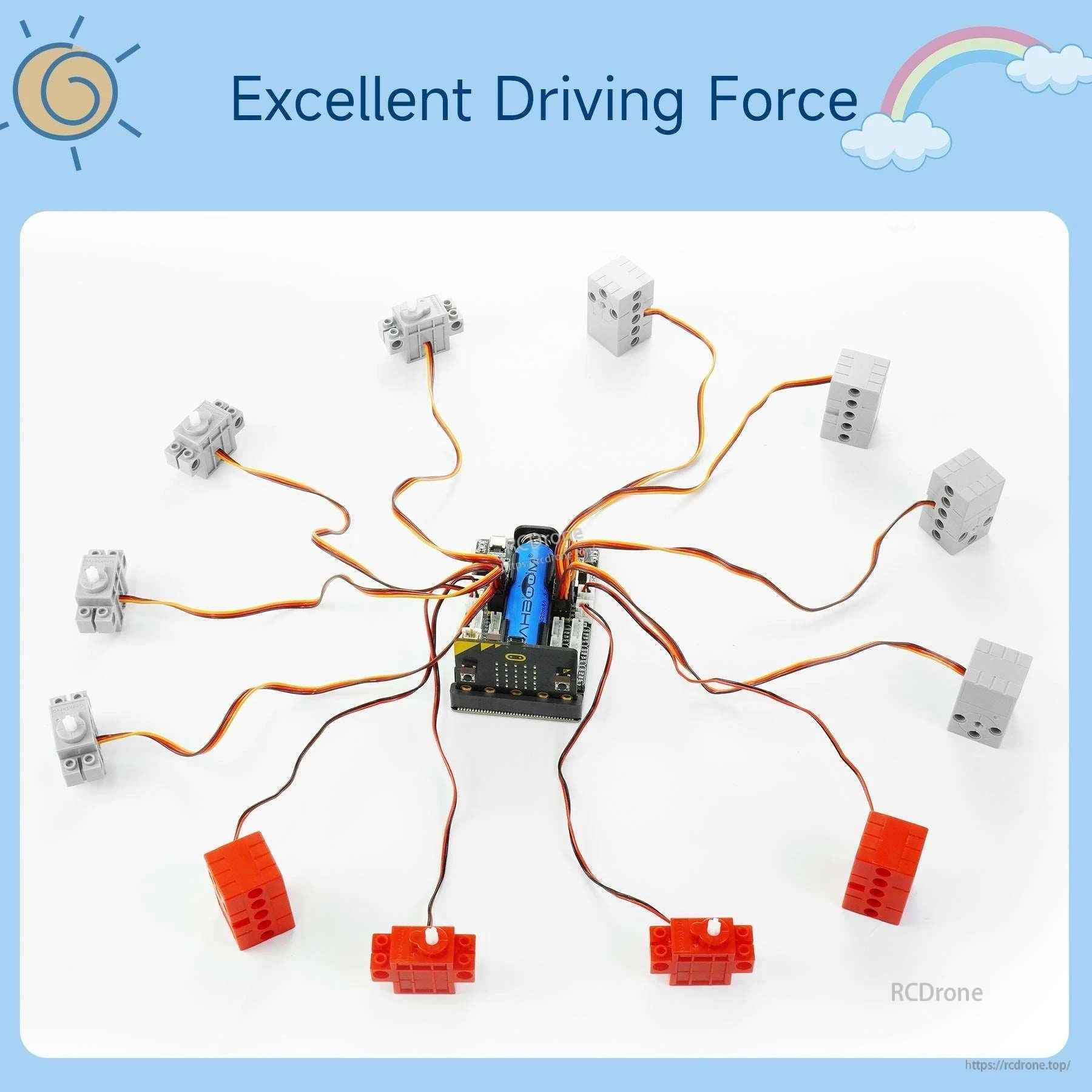 Super:bit 2.0 expansion board driving multiple external modules via connected wires, use-case wiring layout