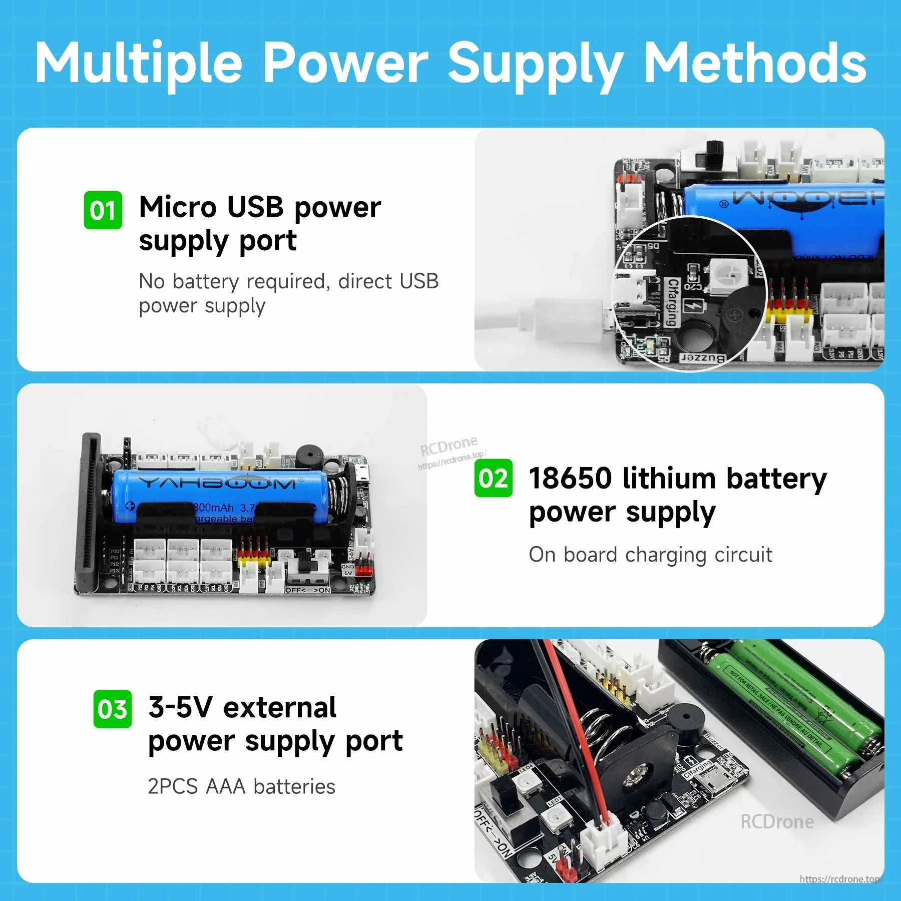 Power options for Yahboom Super:bit 2.0 board: micro USB, 18650 battery holder and 3–5V external input