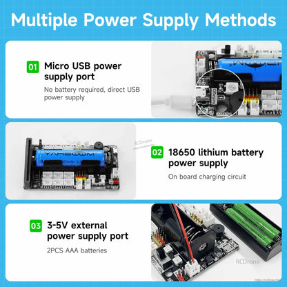 Power options for Yahboom Super:bit 2.0 board: micro USB, 18650 battery holder and 3–5V external input