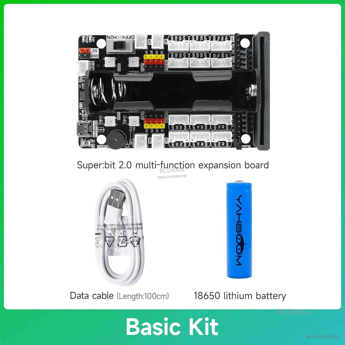 Basic kit contents: Super:bit 2.0 multi-function expansion board, 100 cm USB data cable and 18650 battery