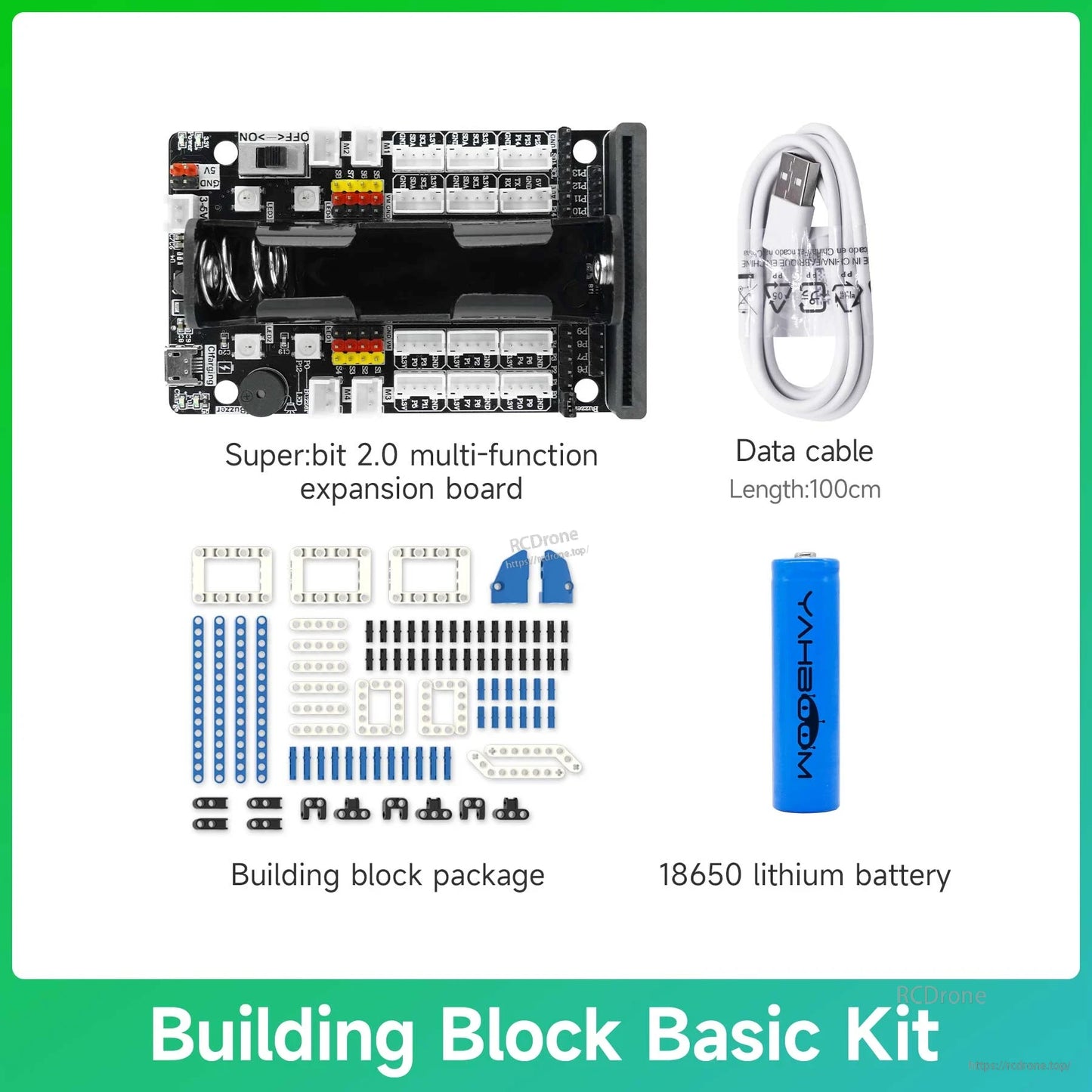 Building Block Basic Kit contents: Super:bit 2.0 board, 100 cm data cable, 18650 battery and block parts set