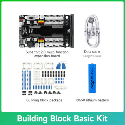 Building Block Basic Kit contents: Super:bit 2.0 board, 100 cm data cable, 18650 battery and block parts set