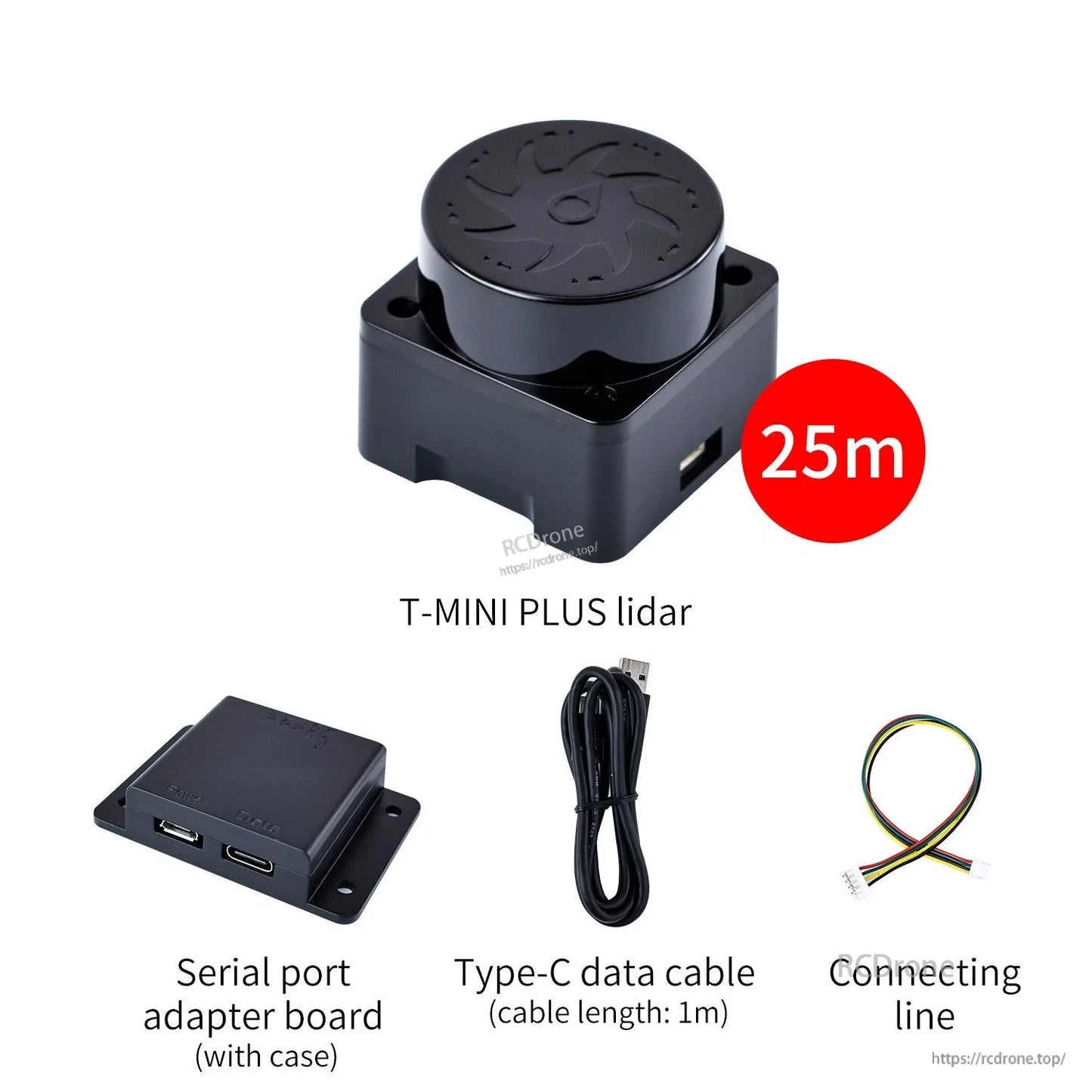 T-MINI PLUS lidar 25m kit contents: sensor, serial port adapter board with case, Type-C cable, connecting line