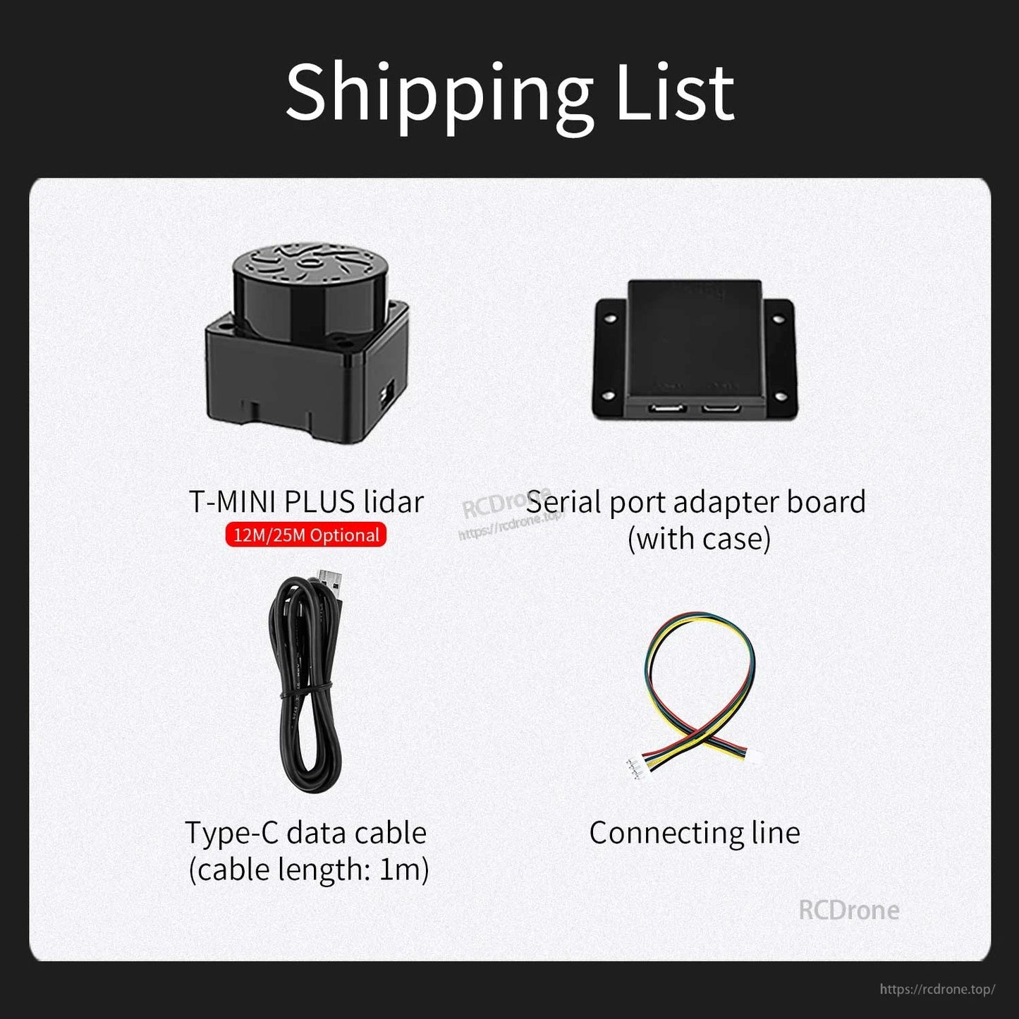 Shipping list showing T-MINI PLUS lidar, serial port adapter board, Type-C data cable (1m), and connecting line