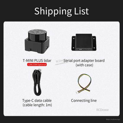 Shipping list showing T-MINI PLUS lidar, serial port adapter board, Type-C data cable (1m), and connecting line