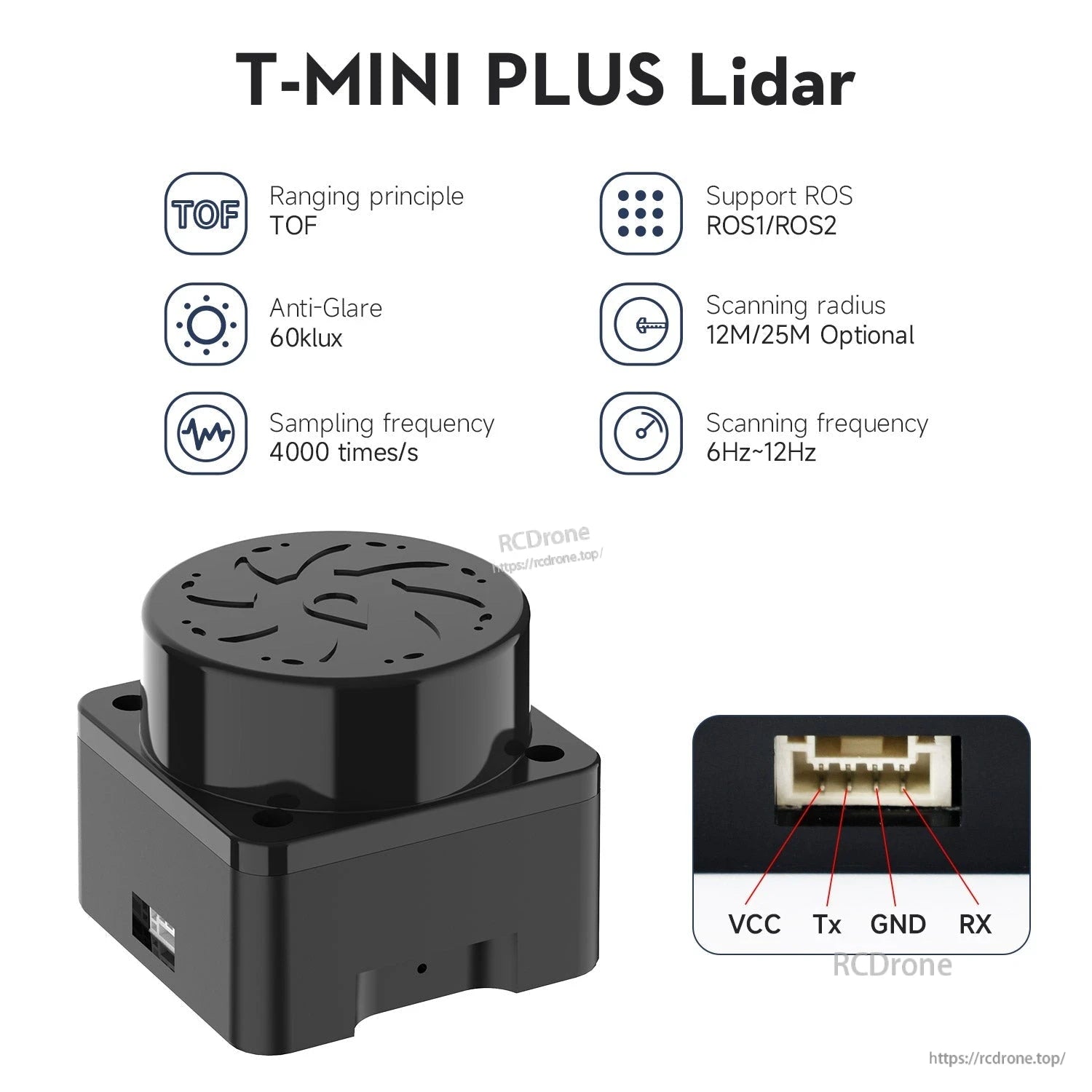 T-MINI PLUS LiDAR feature graphic with TOF principle, ROS support, scan radius options, and VCC TX GND RX pinout