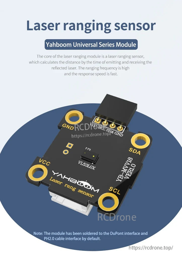 Yahboom VL53L0X TOF laser ranging sensor module with I2C pins (VCC, SCL, SDA, GND)