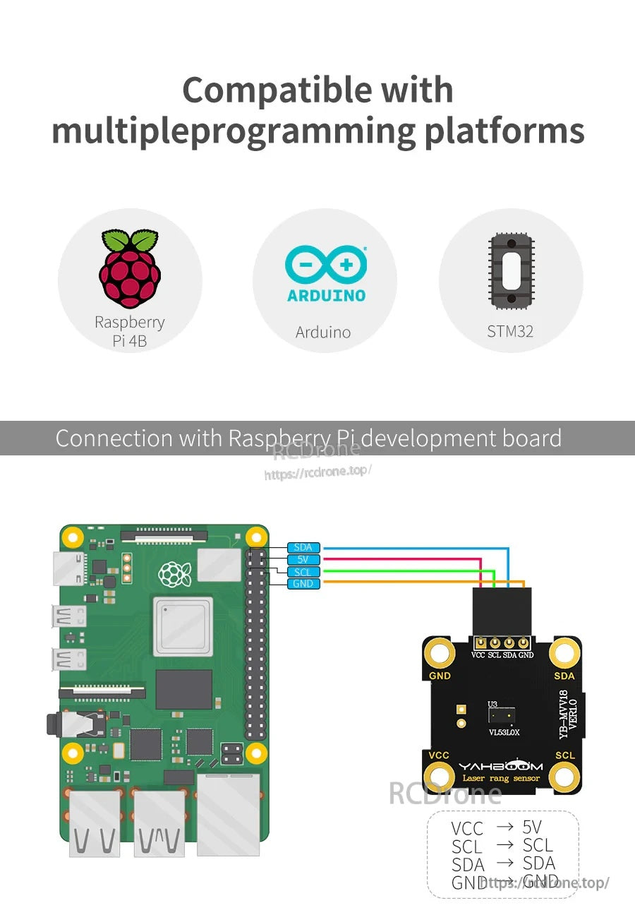 Raspberry Pi wiring diagram for VL53L0X sensor using I2C (VCC, GND, SDA, SCL)