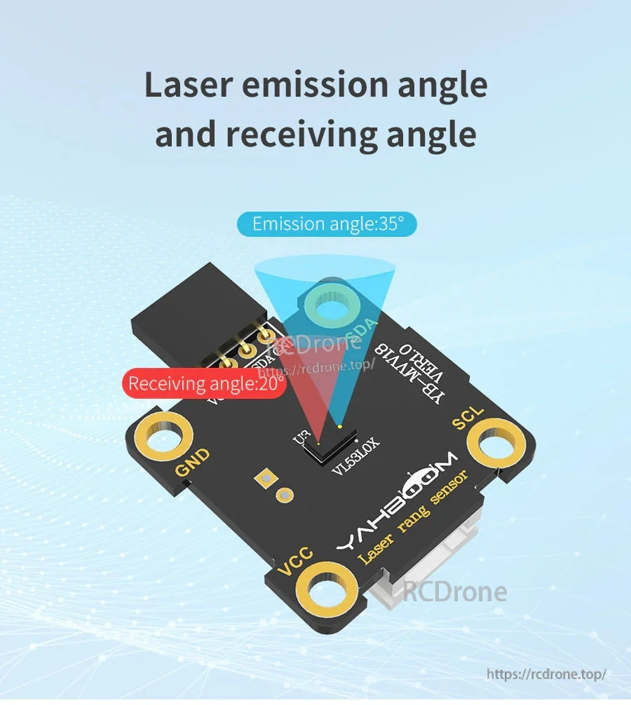 Laser emission angle 35° and receiving angle 20° illustrated on the VL53L0X module