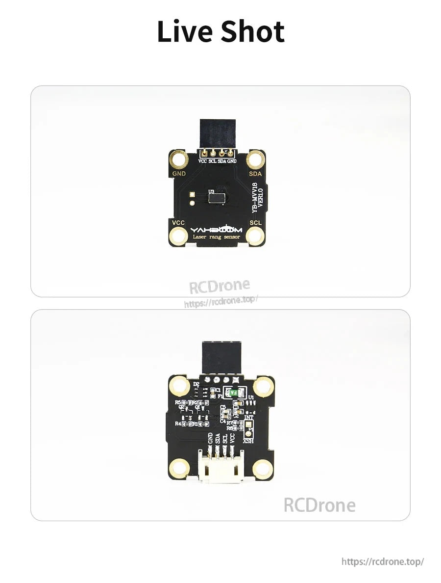 Live shots of the VL53L0X sensor board front and back showing components and connectors