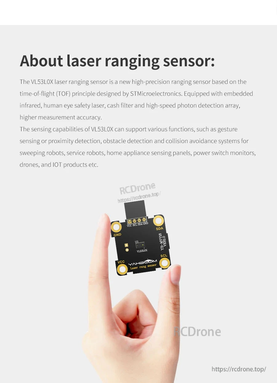 Small VL53L0X laser ranging sensor module shown held between fingers for size reference