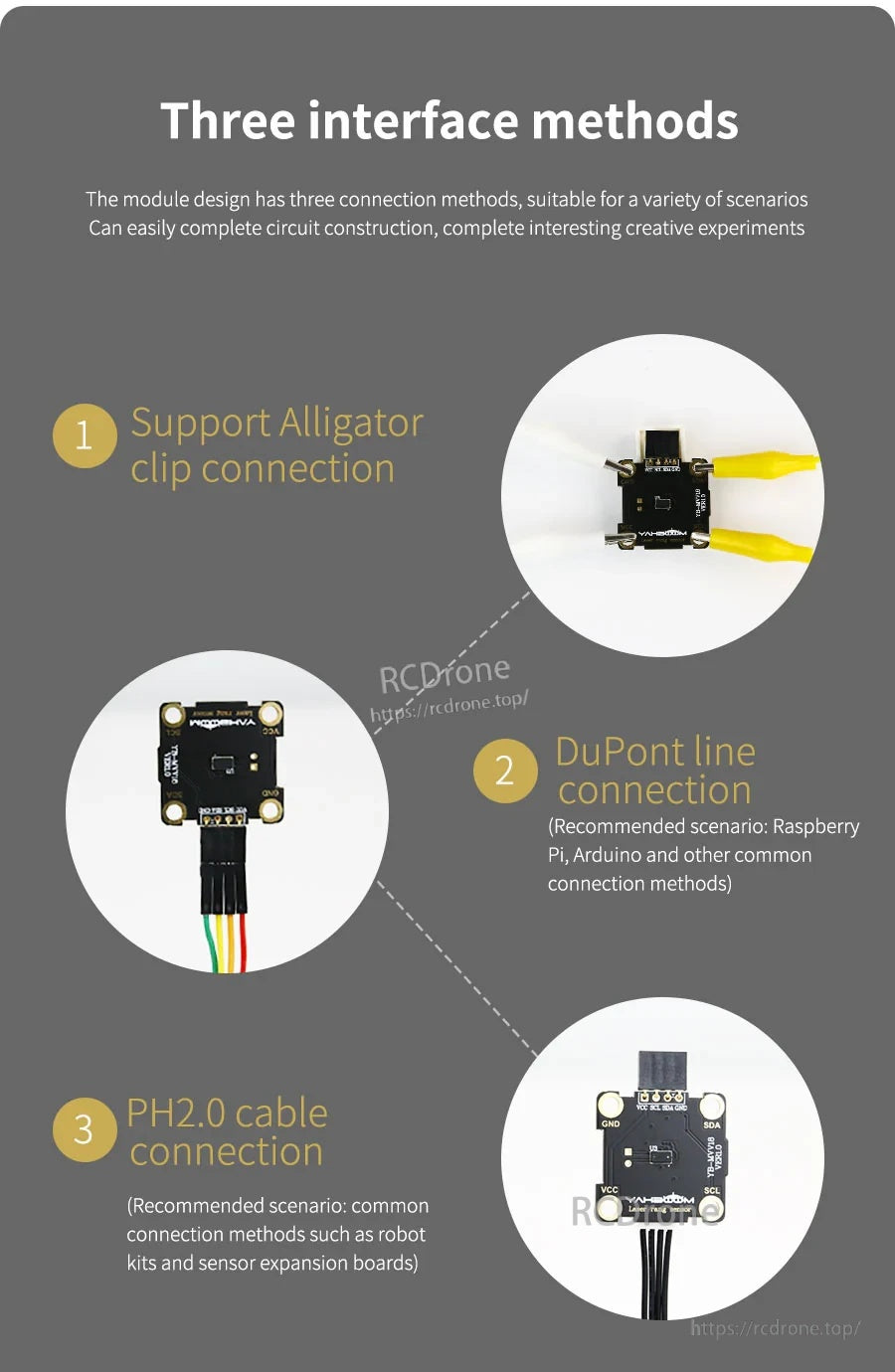 Three wiring methods for VL53L0X module: alligator clips, DuPont jumper leads, and PH2.0 cable