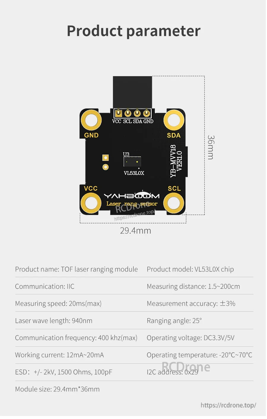 Product parameter image with module size 29.4 mm × 36 mm and key electrical/ranging specifications listed
