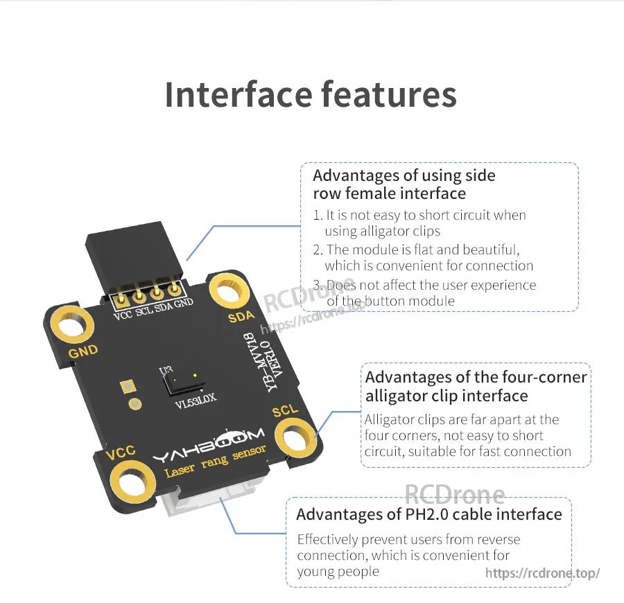 Interface features callouts for side-row header, four-corner alligator pads, and PH2.0 cable connector