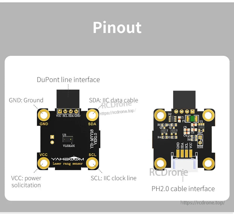 Pinout for VL53L0X module showing GND, VCC, SDA, SCL and DuPont vs PH2.0 cable interfaces
