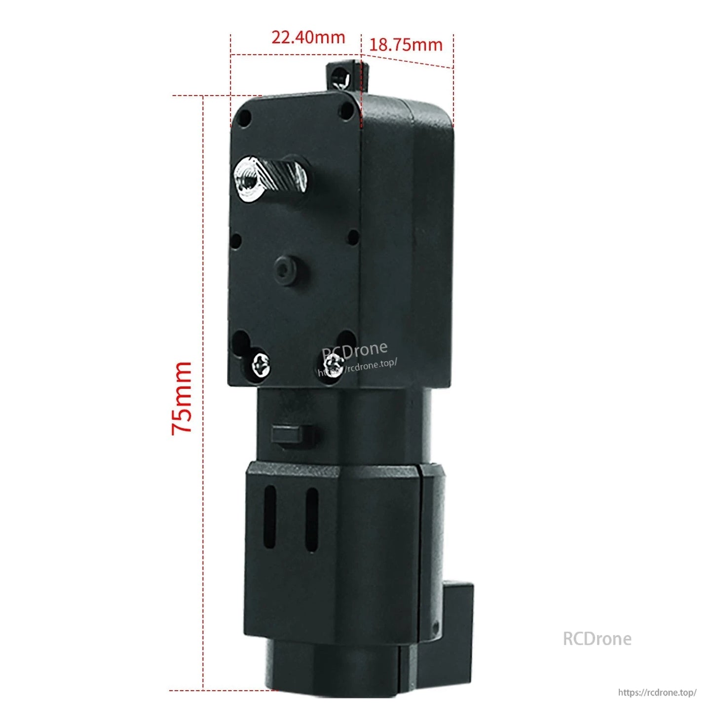 TT DC gear motor with Hall encoder dimensions diagram, showing 75 mm height and 22.40 mm x 18.75 mm body size