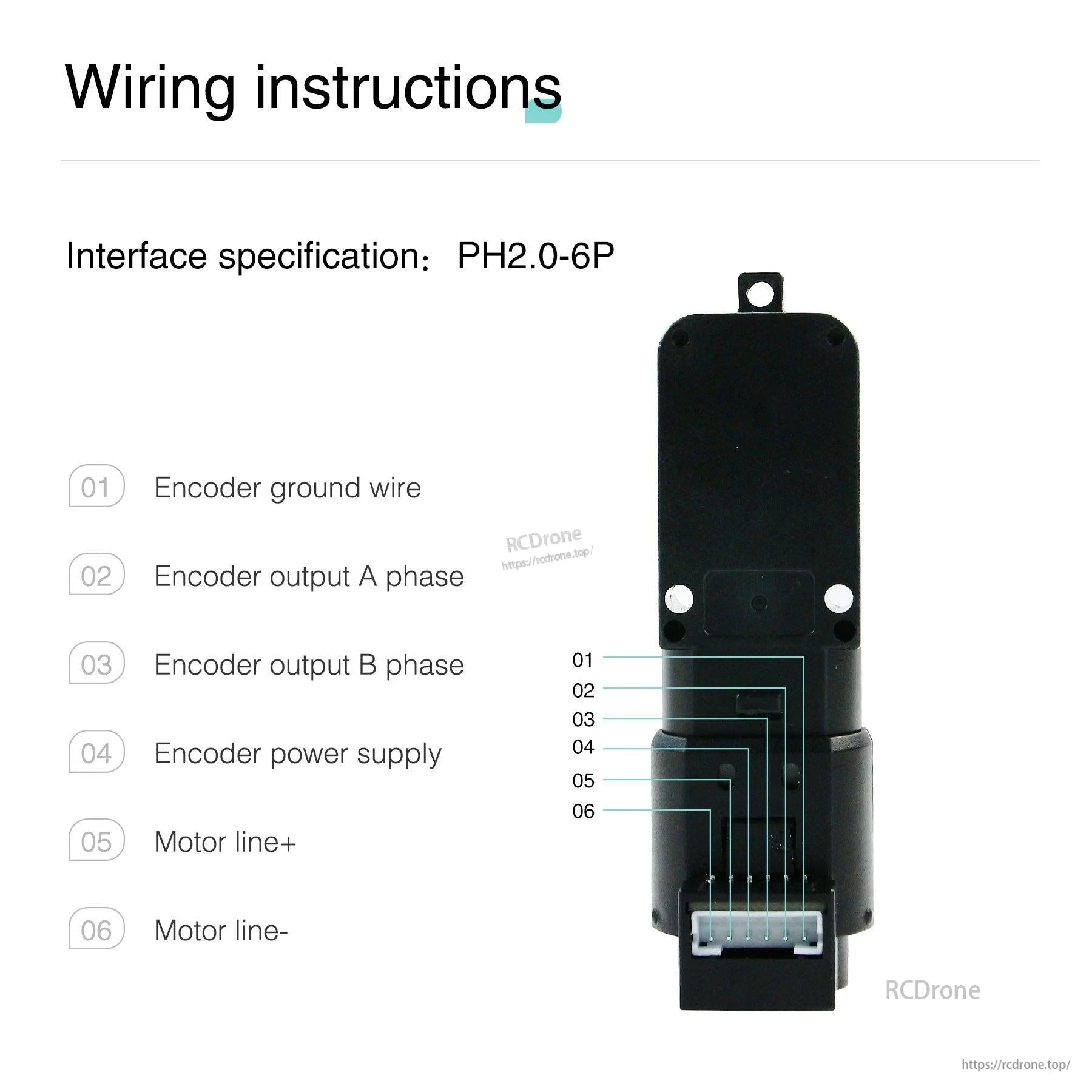 Wiring instructions diagram for Hall encoder TT motor, PH2.0-6P connector pinout for A/B, power, and motor lines