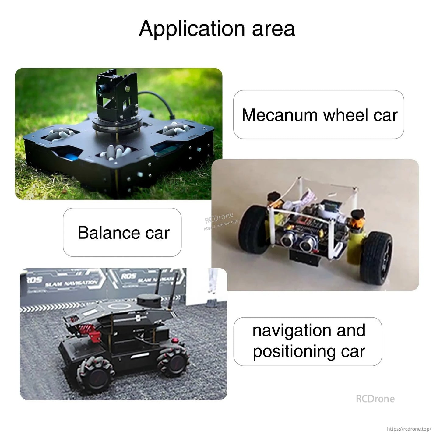 Application area examples for TT encoder gear motor: balance car, mecanum wheel car, and navigation positioning robot