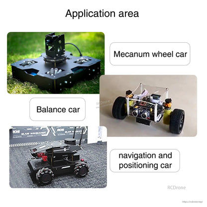 Application area examples for TT encoder gear motor: balance car, mecanum wheel car, and navigation positioning robot