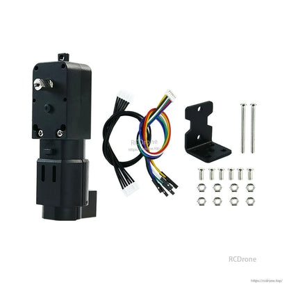 Package contents: TT encoder gear motor, mounting bracket, screws and nuts, plus encoder cable and jumper wire set