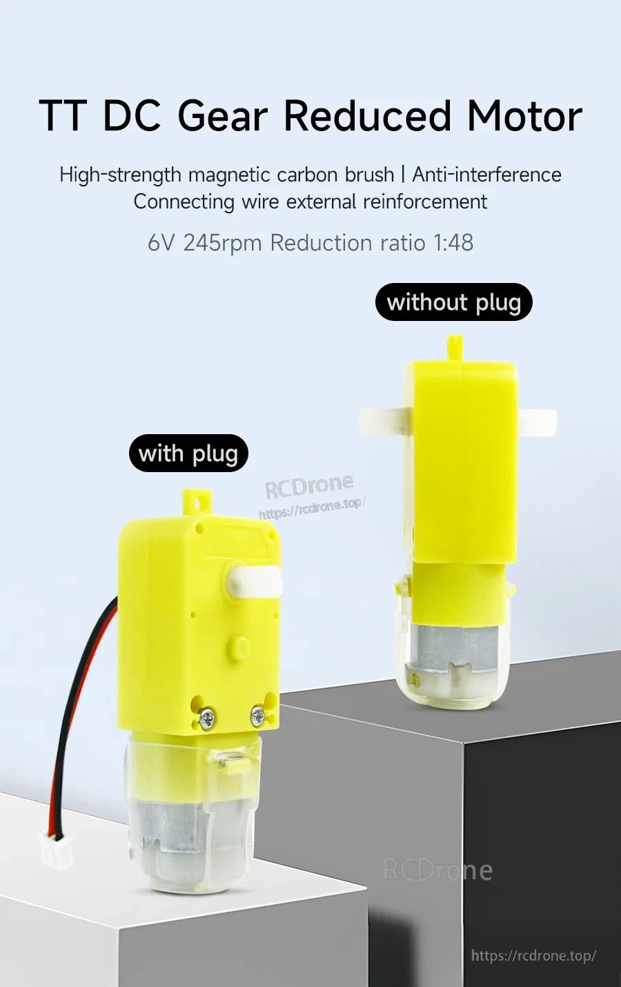 Yahboom TT DC gear reduction motor 6V 245RPM 1:48, comparison of XH2.54 plug vs no-plug versions