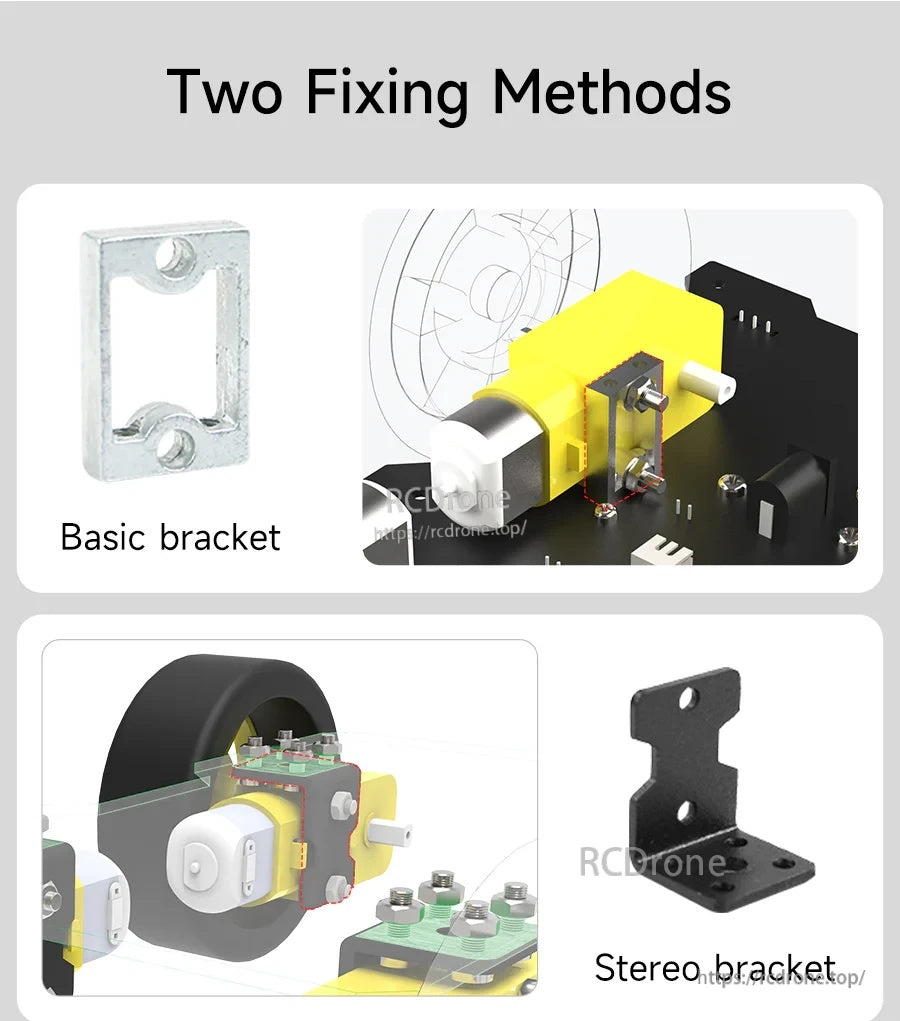 Two TT motor mounting choices: basic metal bracket and L-shaped stereo bracket for chassis installs