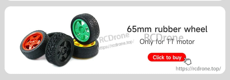 Optional 65mm rubber wheels compatible with TT motors (accessory banner)
