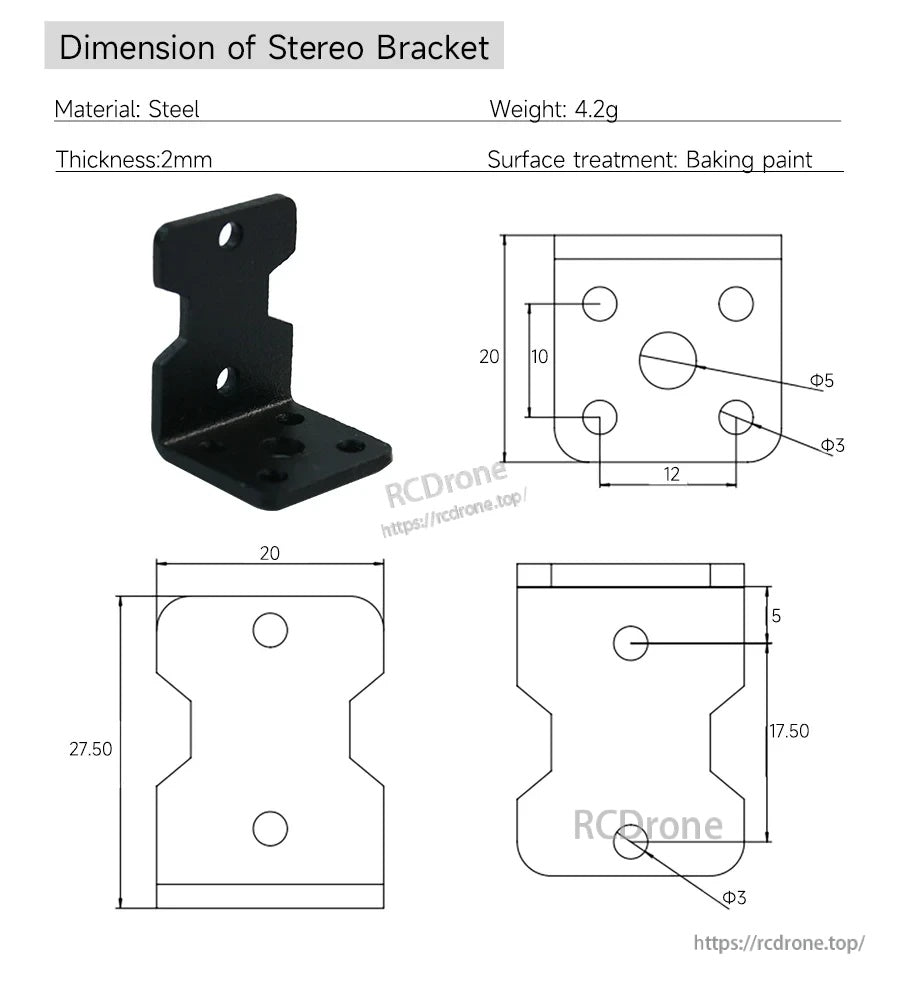 Stereo (L-shaped) bracket dimension drawing with hole sizes and thickness for TT motor mounting