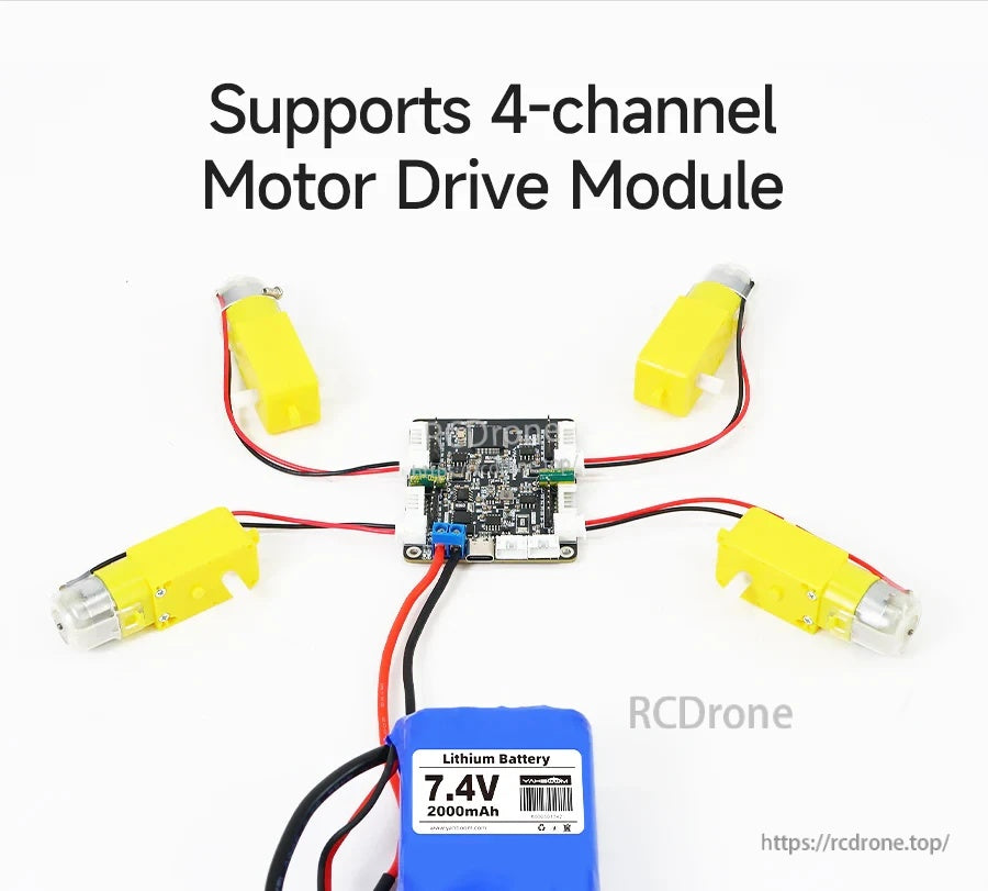 Four TT motors connected to a 4-channel motor drive module with 7.4V battery (application example)