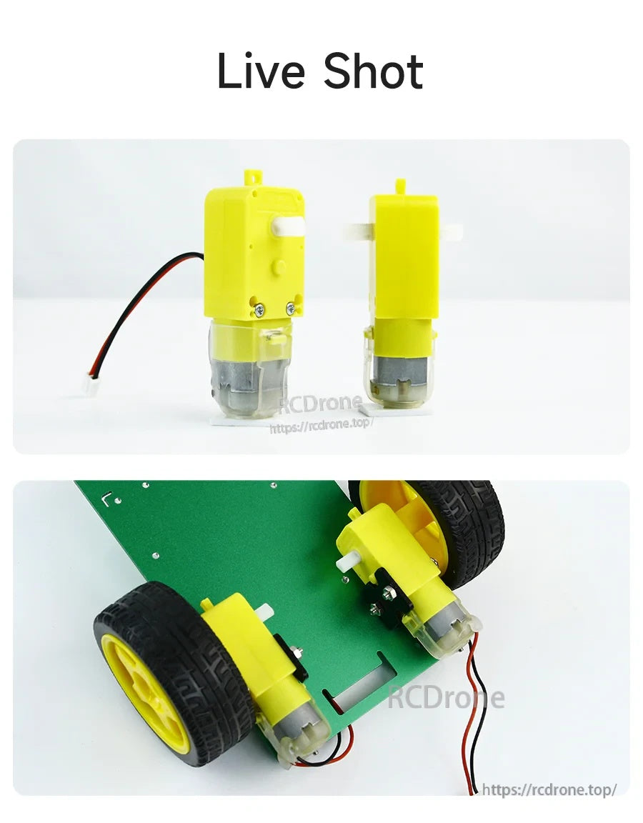 Real-life photos of TT motor with and without lead, plus installed pair on a small robot car chassis