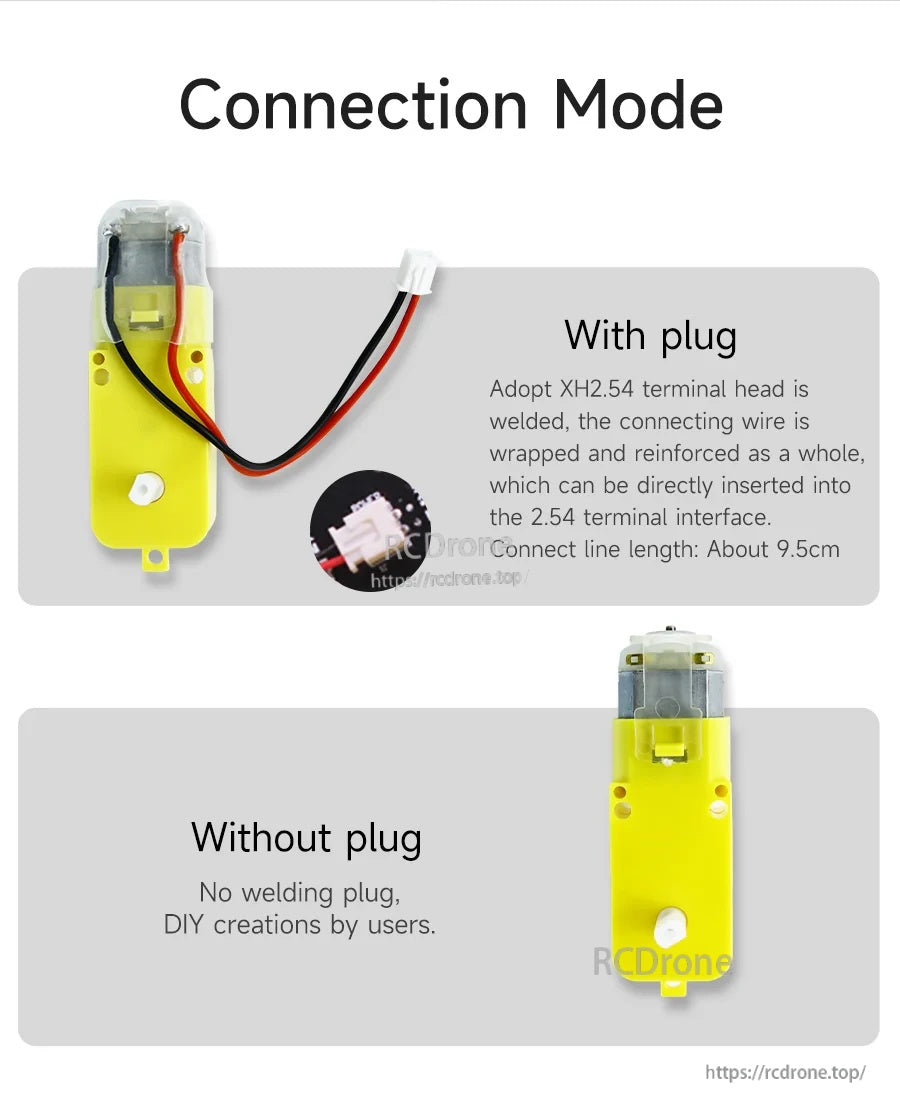 Connection options for TT motor: welded XH2.54 2-pin plug with ~9.5 cm lead or no-plug DIY wiring