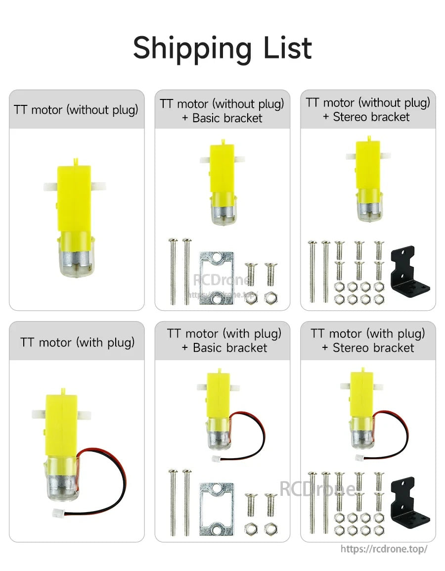 Packing list for TT motor options: with/without XH2.54 plug, plus basic or stereo bracket and hardware