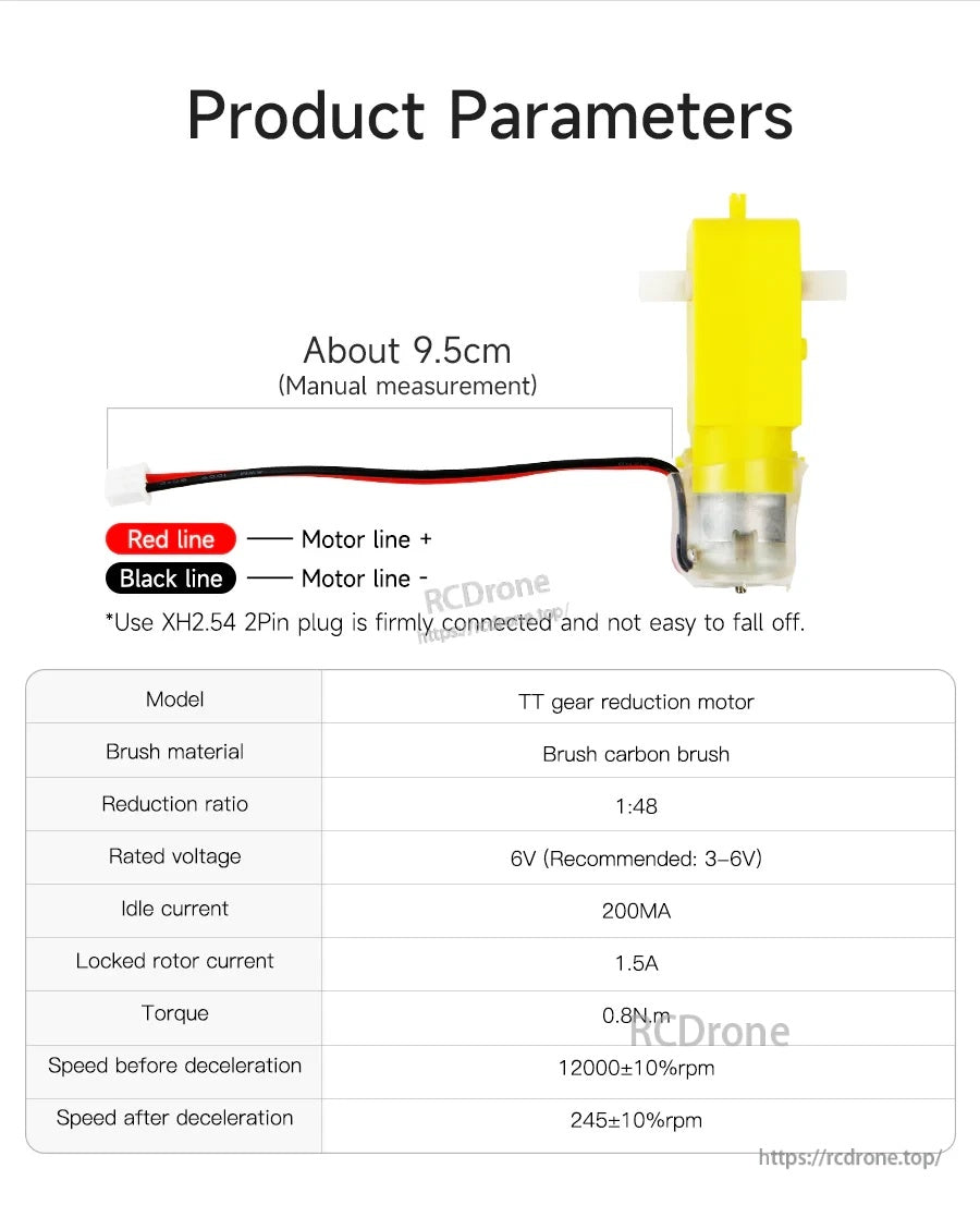 TT gear motor product parameters: 6V rated, 1:48 reduction, 245RPM output, red/black polarity and 9.5cm lead