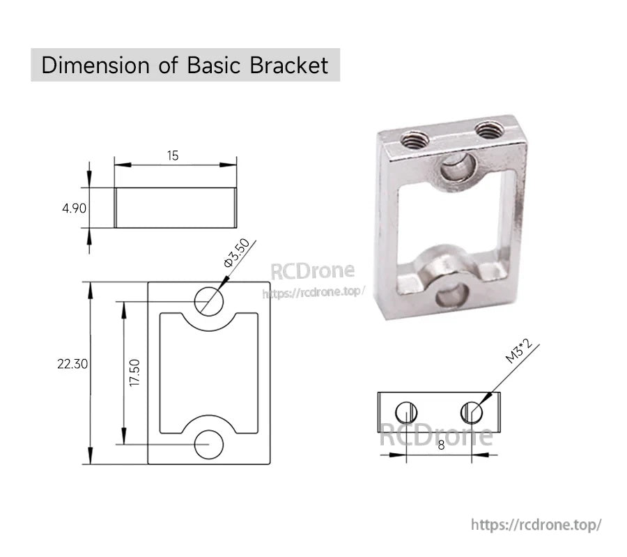 Basic bracket dimension drawing for TT motor mount with M3 screw spacing in millimeters