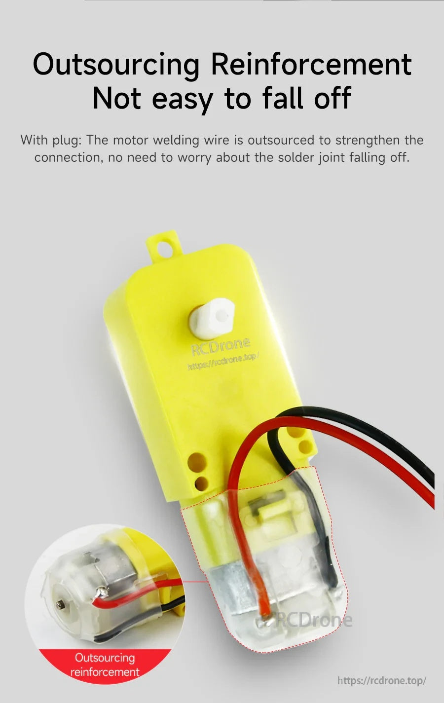 Close-up of TT DC gear motor lead with reinforced wire wrap to reduce stress on solder joints