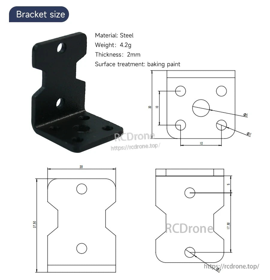 Steel L-shaped mounting bracket with hole pattern and dimension drawing, 2mm thick, 4.2g