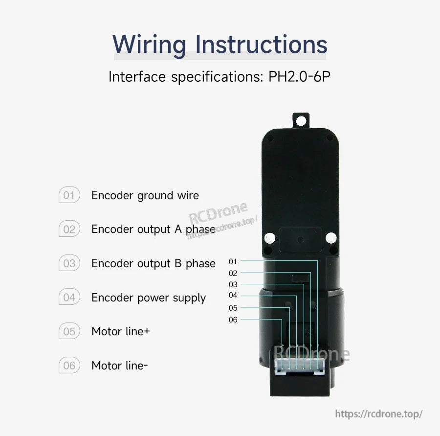 Wiring diagram for Yahboom TT DC gear motor with hall encoder, PH2.0-6P connector pinout for motor and encoder lines