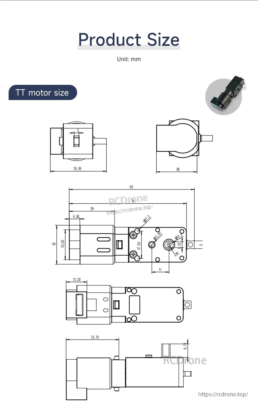 TT DC gear motor with hall encoder size drawing in mm, showing shaft length, body dimensions, and mounting holes