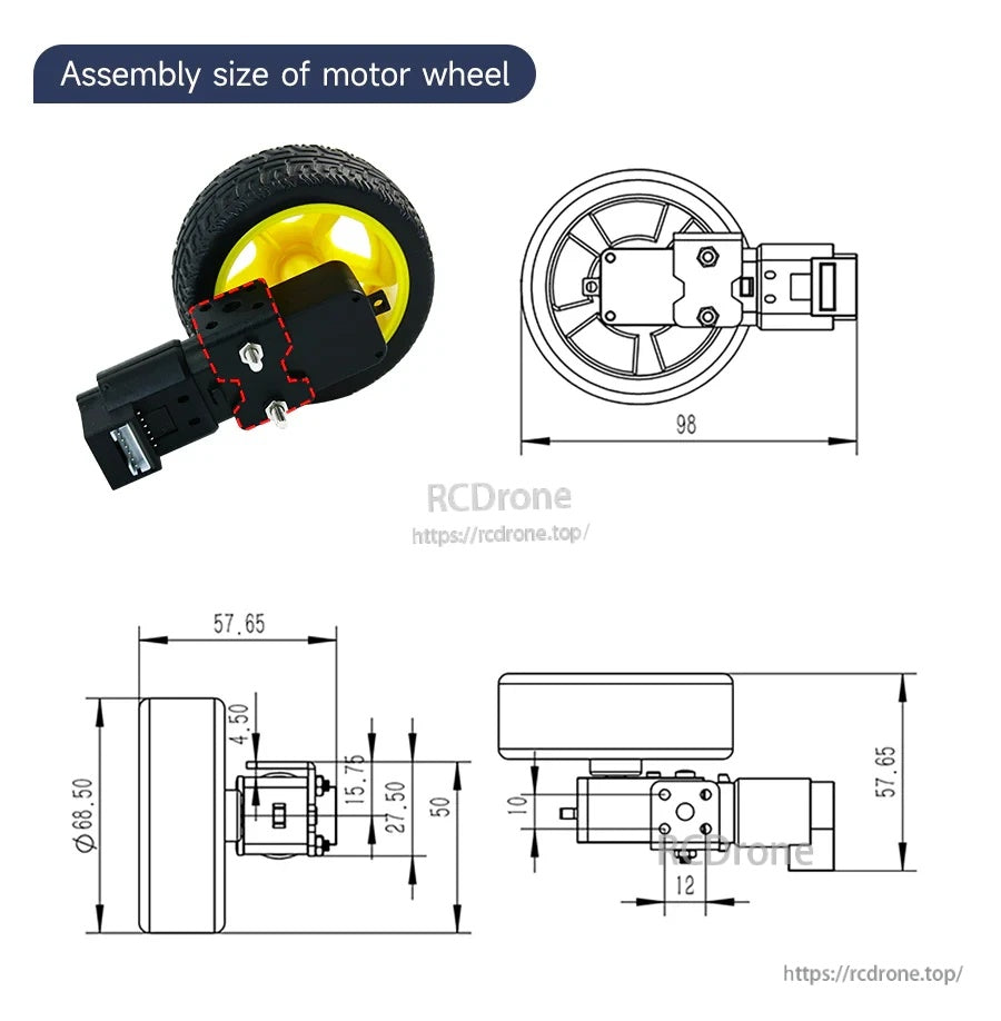 TT DC gear motor with encoder and yellow wheel, with assembly size diagram and key dimensions