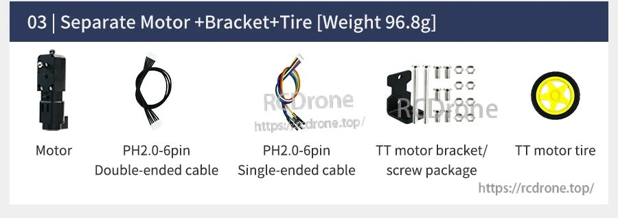 TT DC gear motor kit with bracket, wheel tire, PH2.0 6-pin cables, and screw hardware set