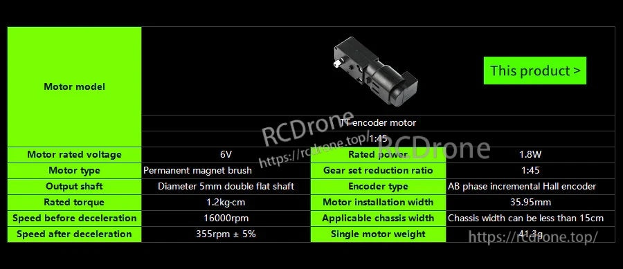 Yahboom TT DC gear motor with Hall encoder specs: 6V, 1:45 reduction, 355 rpm output speed