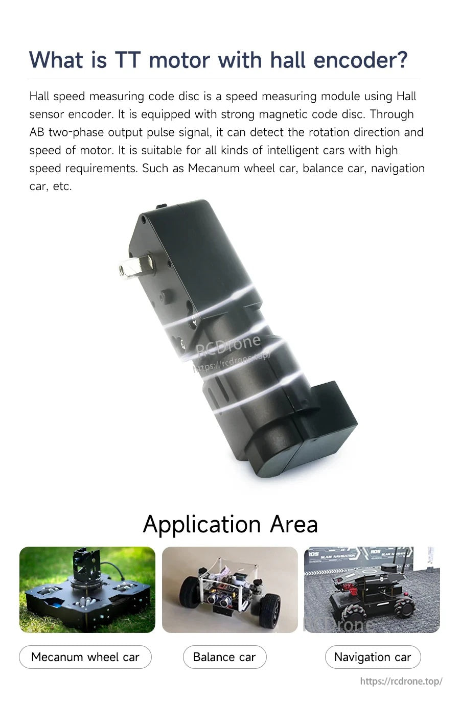 Explainer graphic: what is TT motor with Hall encoder plus application examples (mecanum, balance, navigation car)