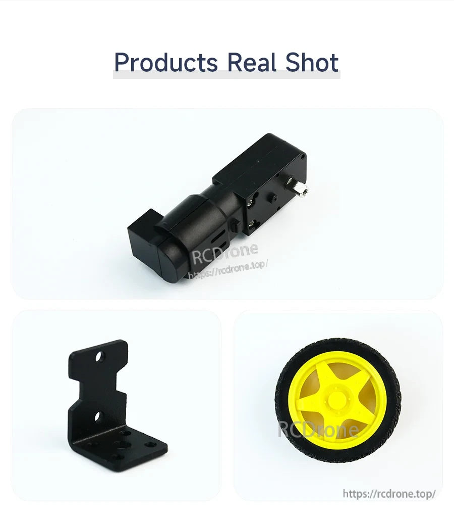 Yahboom TT DC geared motor with hall encoder, plus L-shaped mounting bracket and yellow wheel