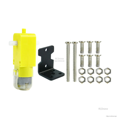 Alternate kit layout: TT motor with black L-bracket mount plus screws, nuts, and washers