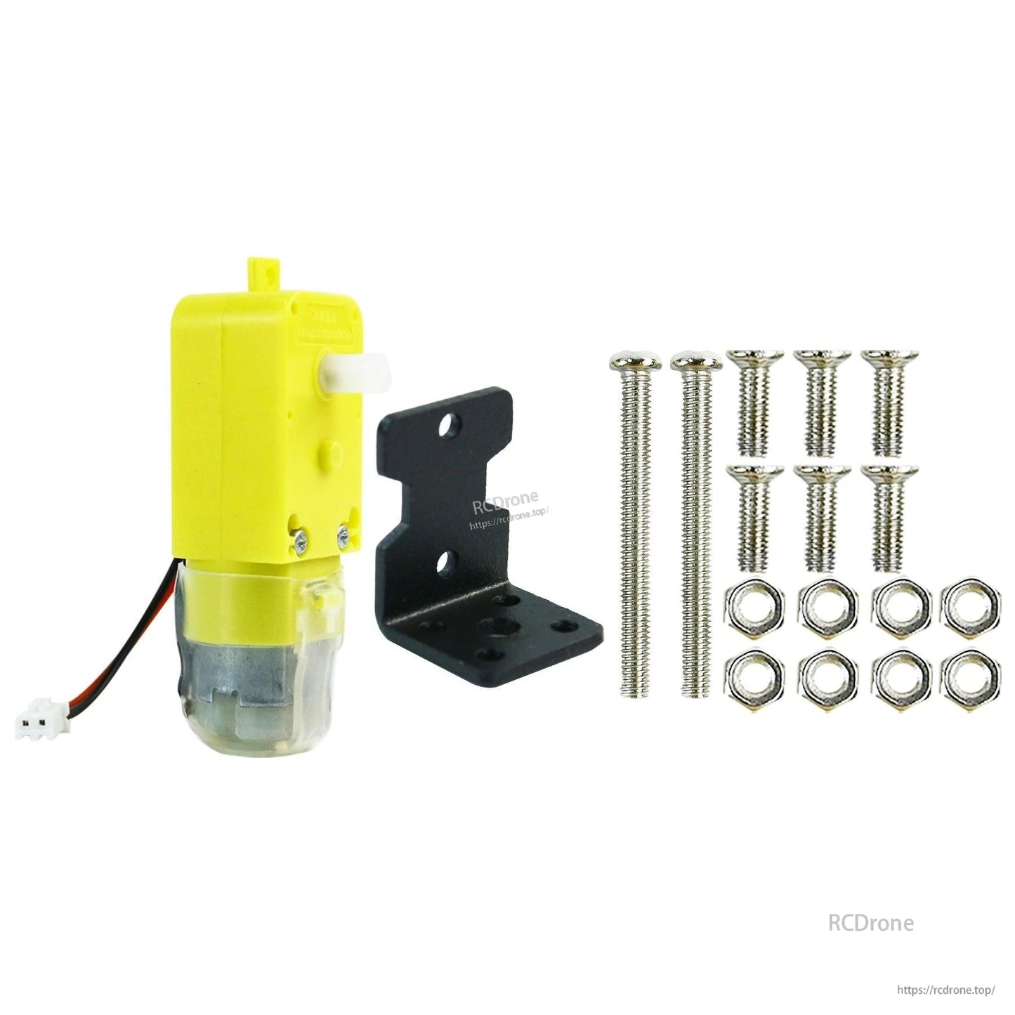 Kit contents with TT motor, black L-bracket mount, screws, nuts, and washers