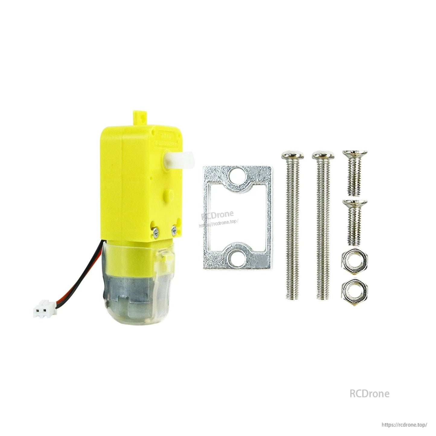 Kit contents with TT motor, flat metal mounting plate, screws, nuts, and washers