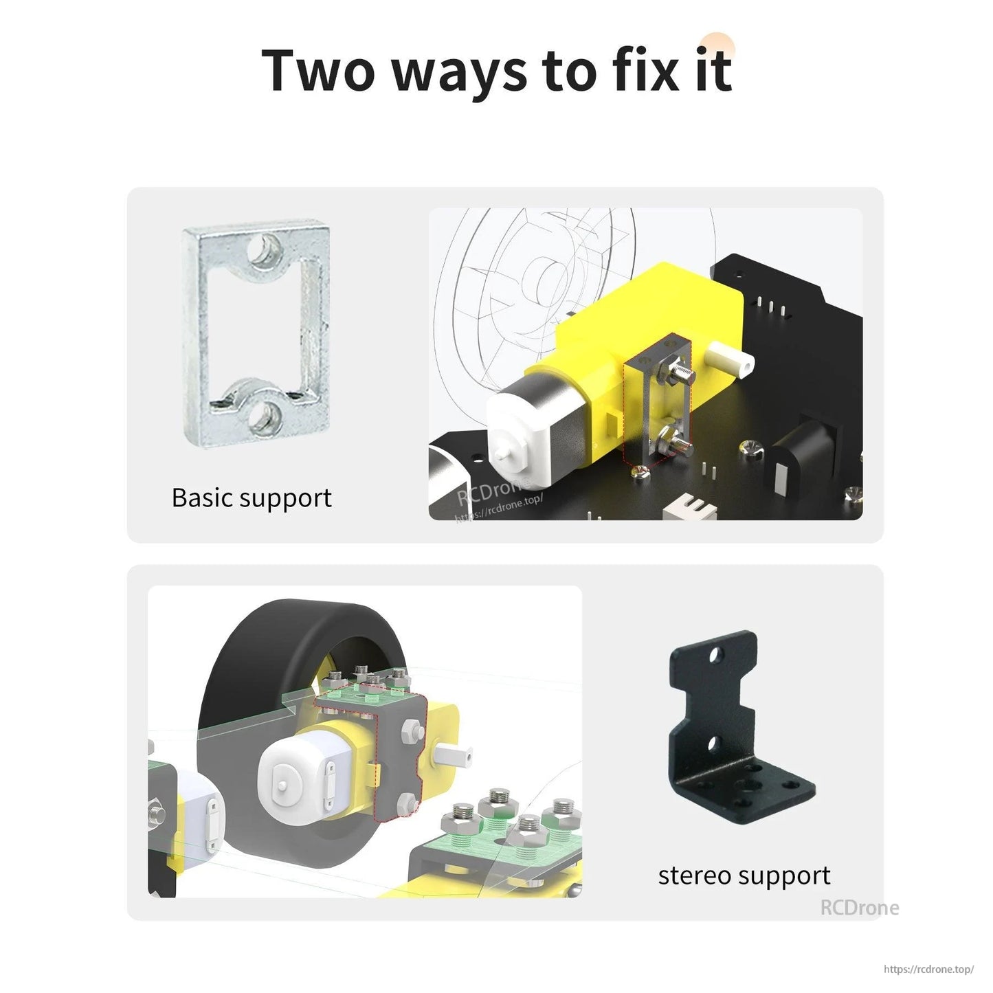 Mounting options graphic for TT motor showing basic metal bracket and L-shaped stereo support installation